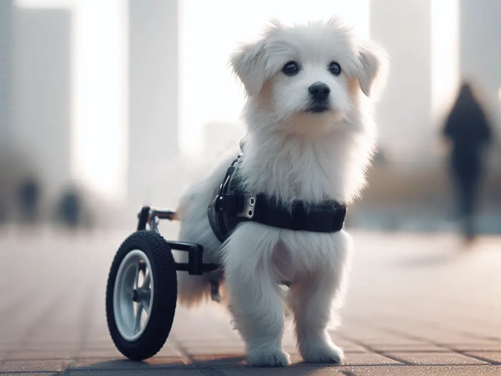 Perro blanco paseando por la ciudad en silla de ruedas para perros patas traseras